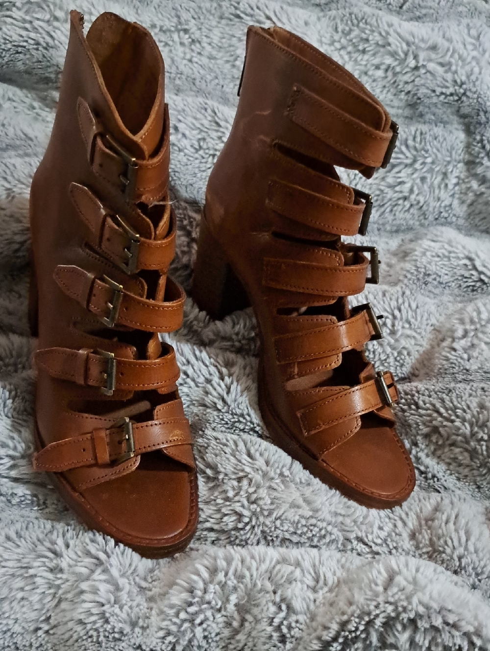 Brown Strappy Buckle High-Heel Sandal Boots